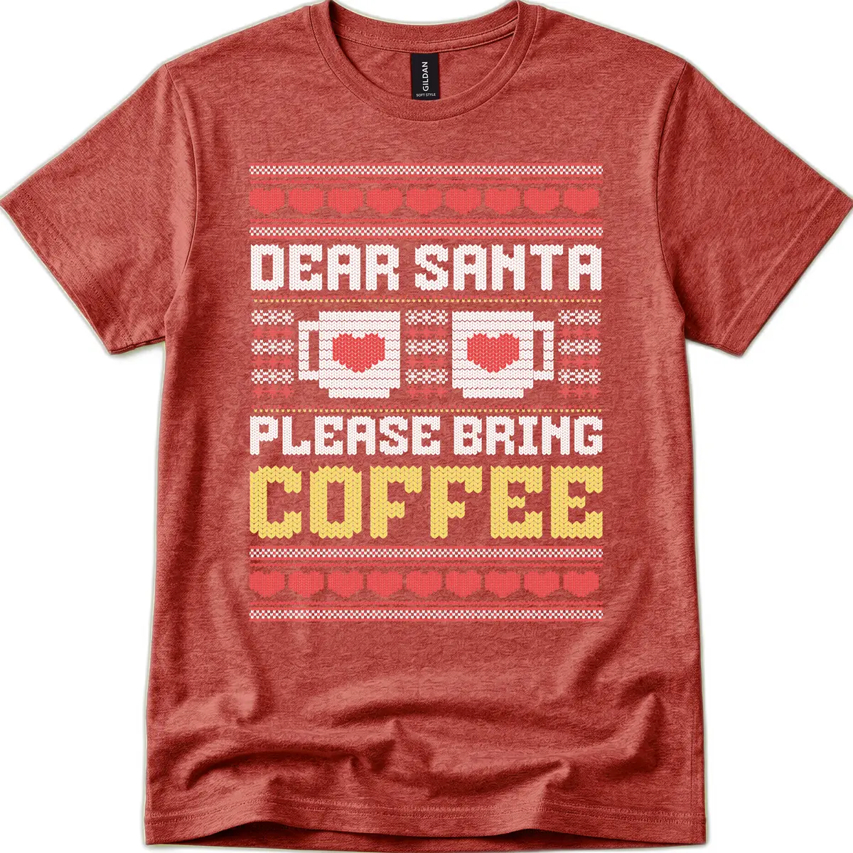 Dear Santa Bring Coffee Ugly Sweater T-Shirt in Heather Cardinal