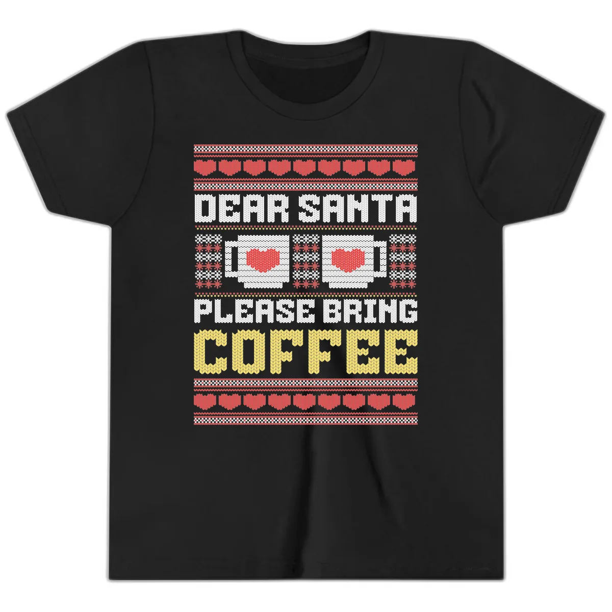 Dear Santa Bring Coffee Ugly Sweater Youth T-Shirt in Black