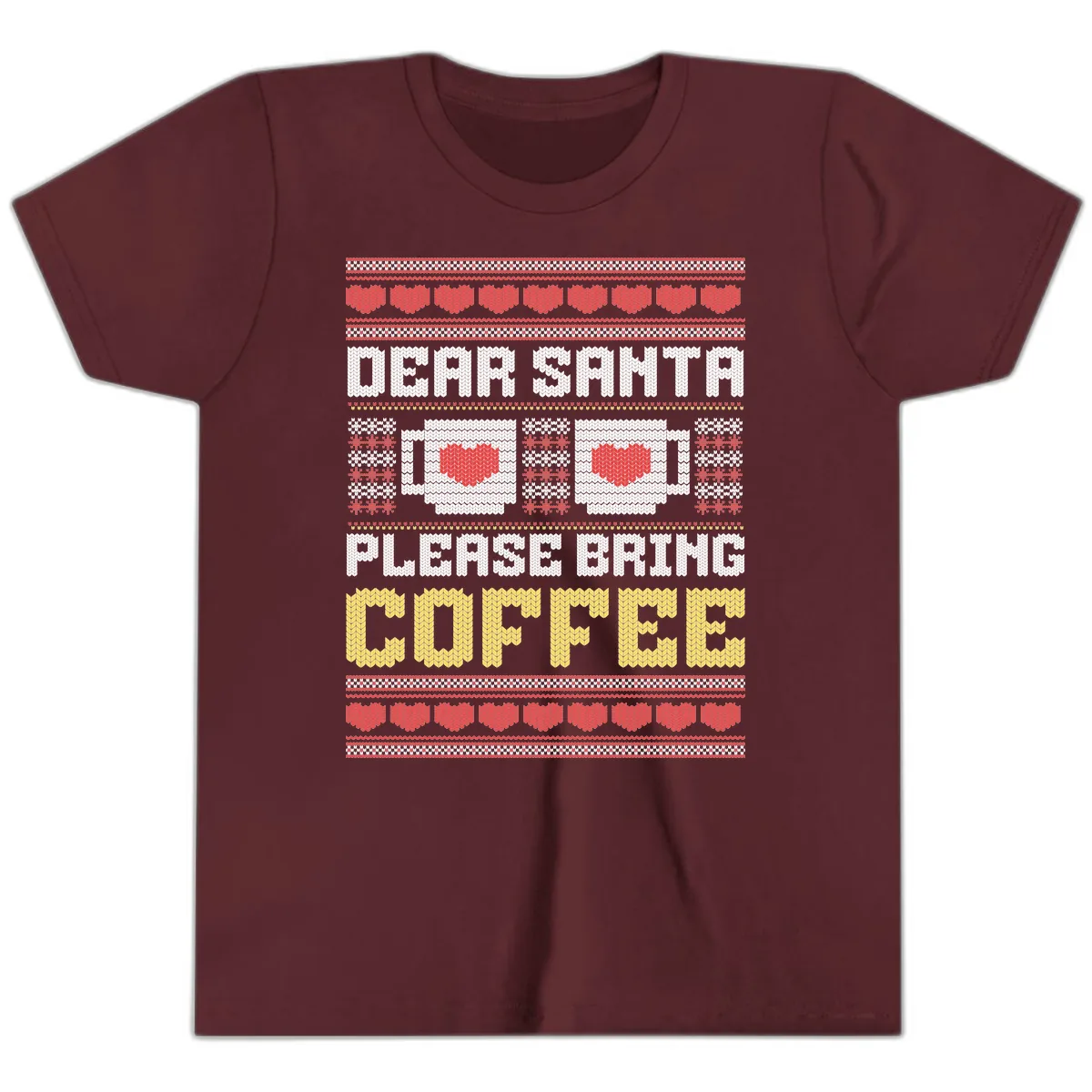Dear Santa Bring Coffee Ugly Sweater Youth T-Shirt in Maroon