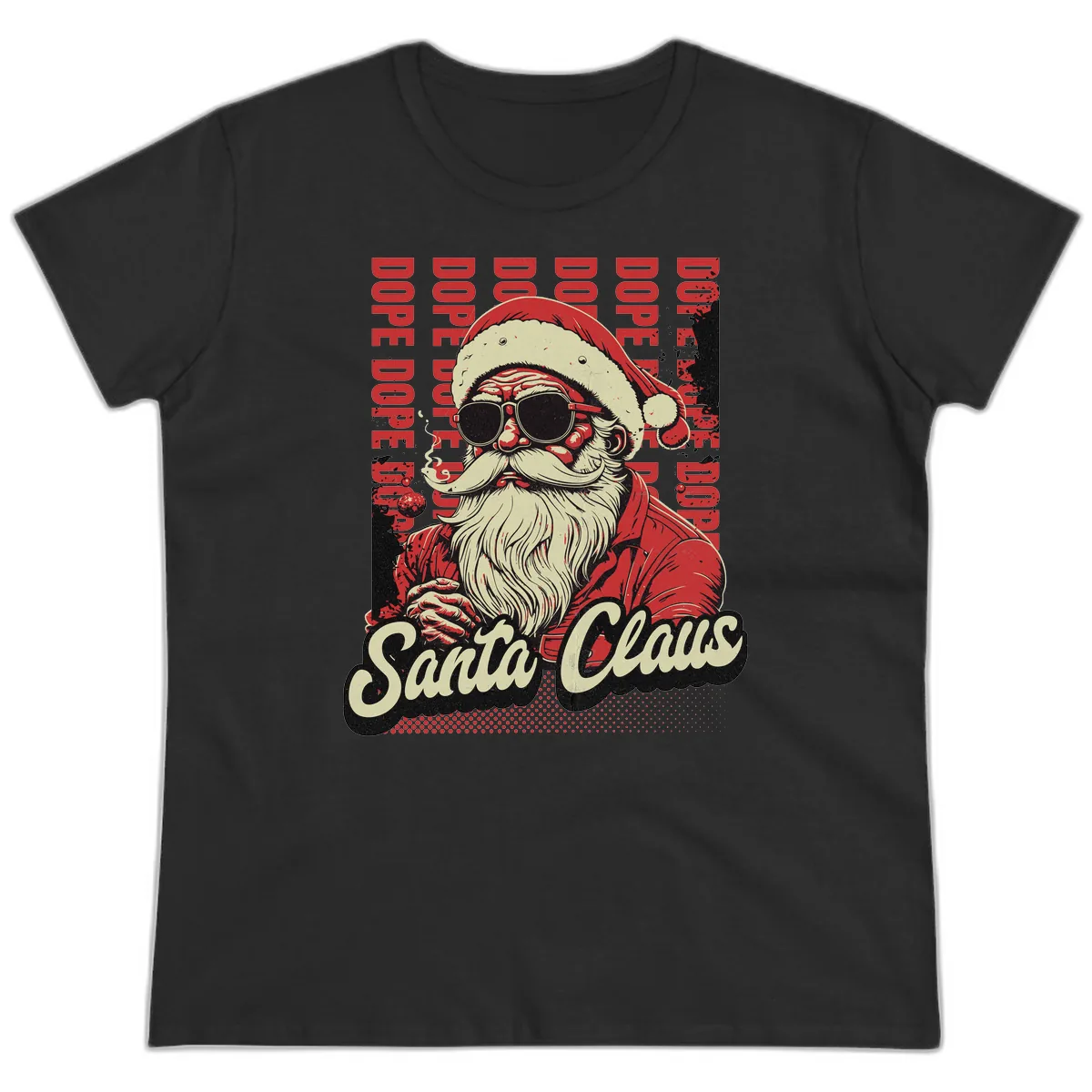 Santa Claus Smoking Weed Christmas Design Ladies Tee in Black