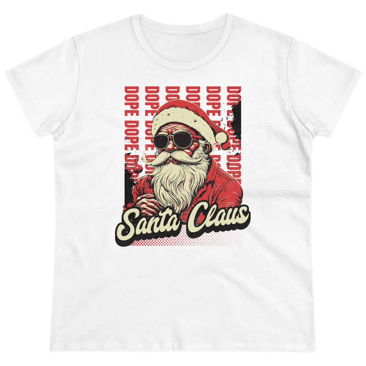 Santa Claus Smoking Weed Christmas Design Ladies Tee in White