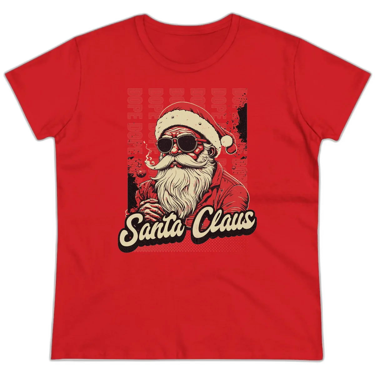 Santa Claus Smoking Weed Christmas Design Ladies Tee in Red