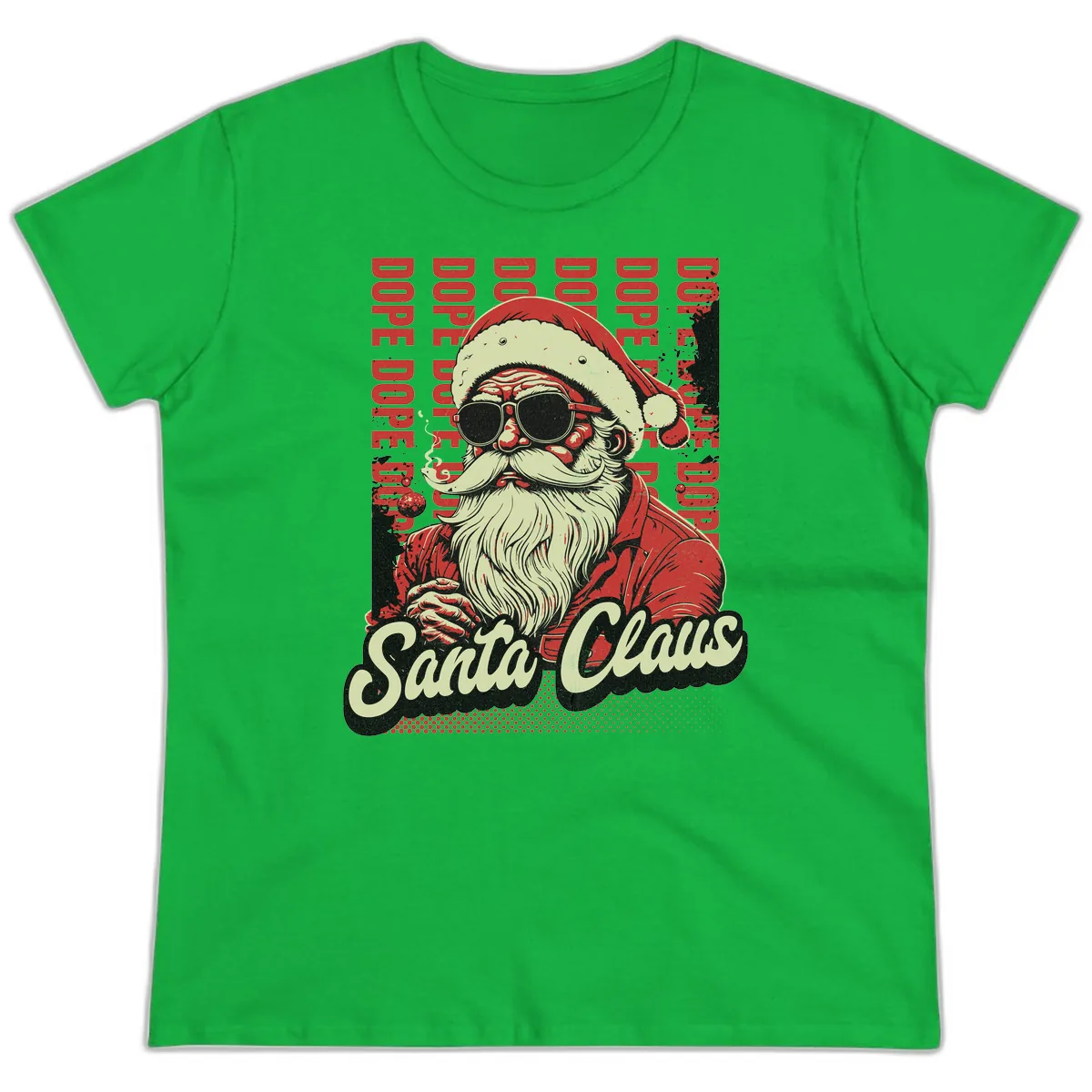 Santa Claus Smoking Weed Christmas Design Ladies Tee in Irish Green