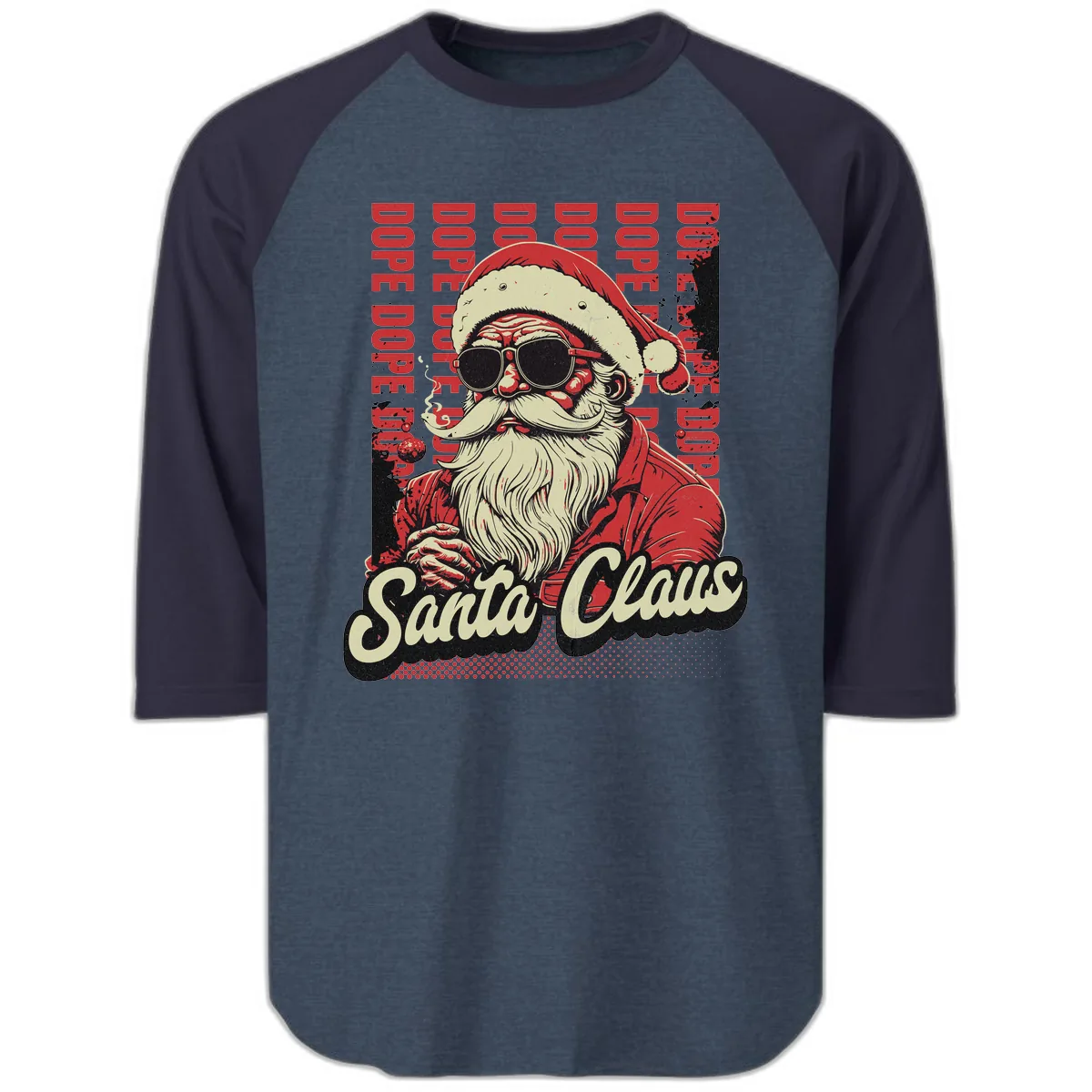 Santa Claus Smoking Weed Christmas Design Raglan 3/4 in Heather Denim Navy