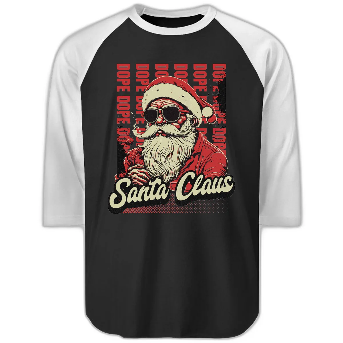 Santa Claus Smoking Weed Christmas Design Raglan 3/4 in Black White