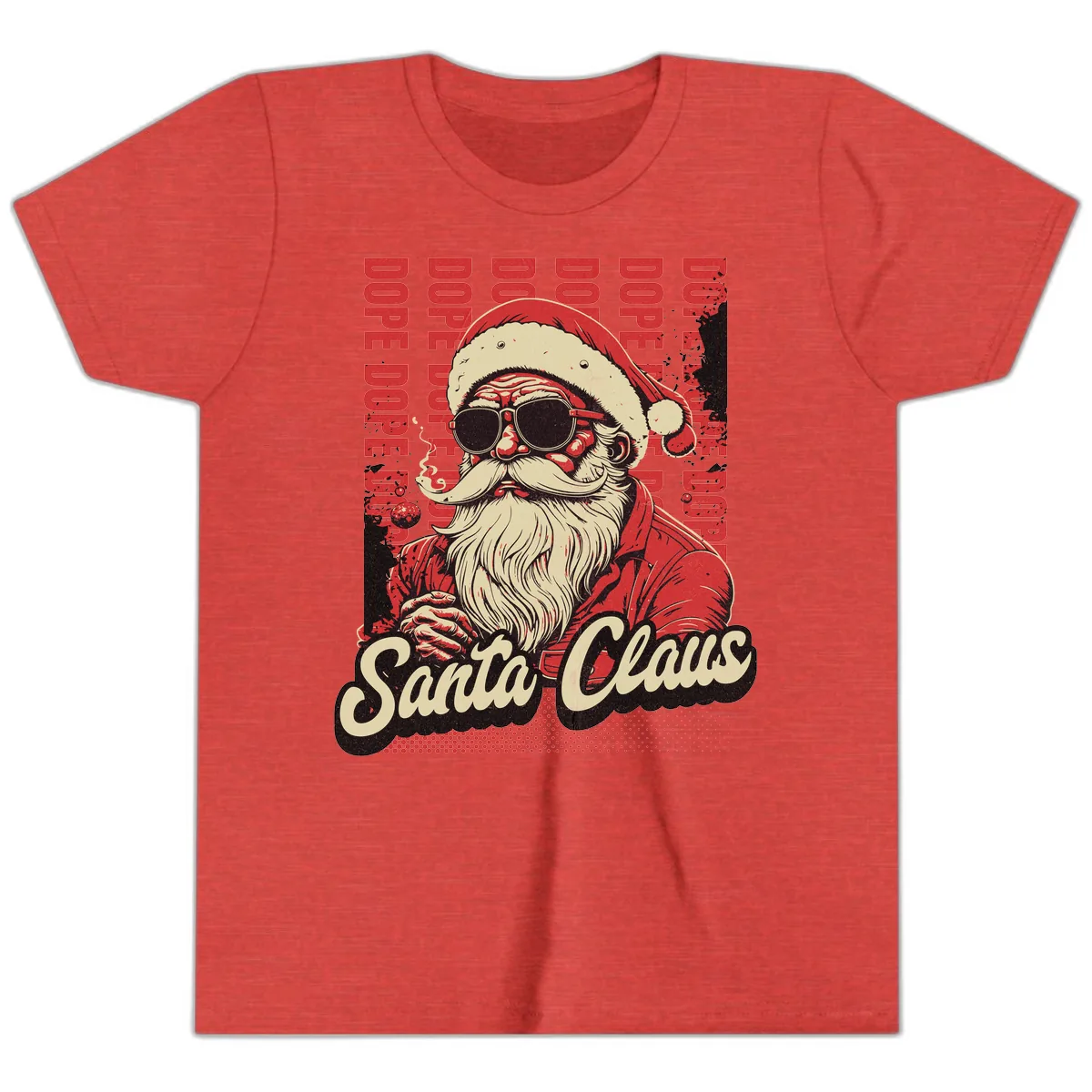 Santa Claus Smoking Weed Christmas Design Youth T-Shirt in Heather Red