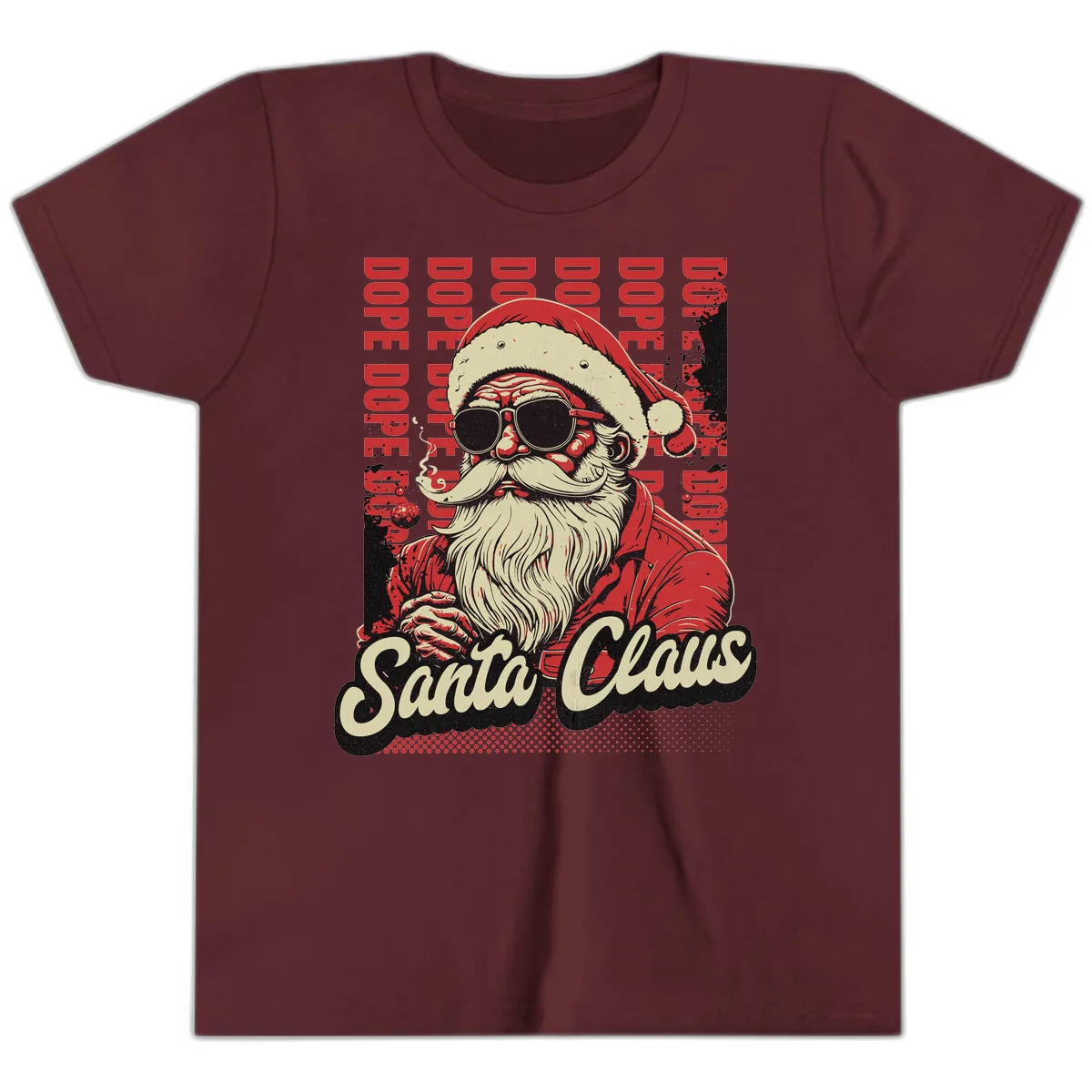 Santa Claus Smoking Weed Christmas Design Youth T-Shirt in Maroon