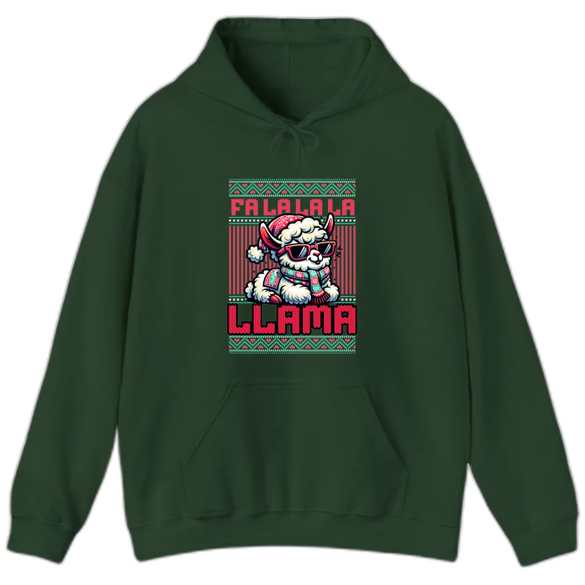 Falalala Llama Ugly Sweater Hoodie in Forest Green