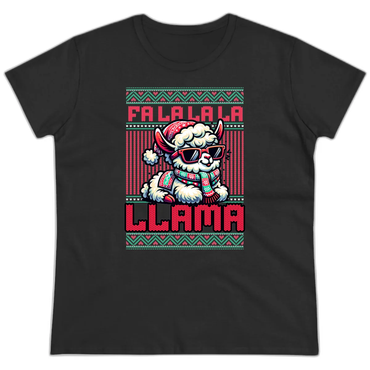 Falalala Llama Ugly Sweater Ladies Tee in Black