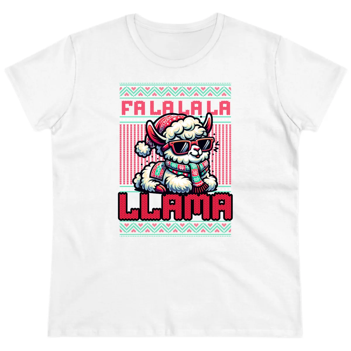 Falalala Llama Ugly Sweater Ladies Tee in White