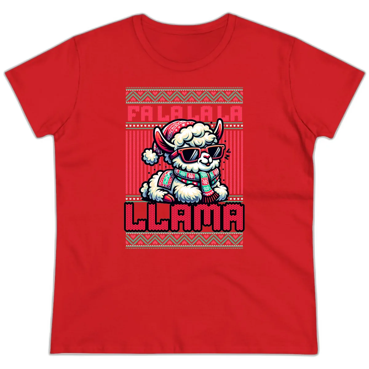 Falalala Llama Ugly Sweater Ladies Tee in Red
