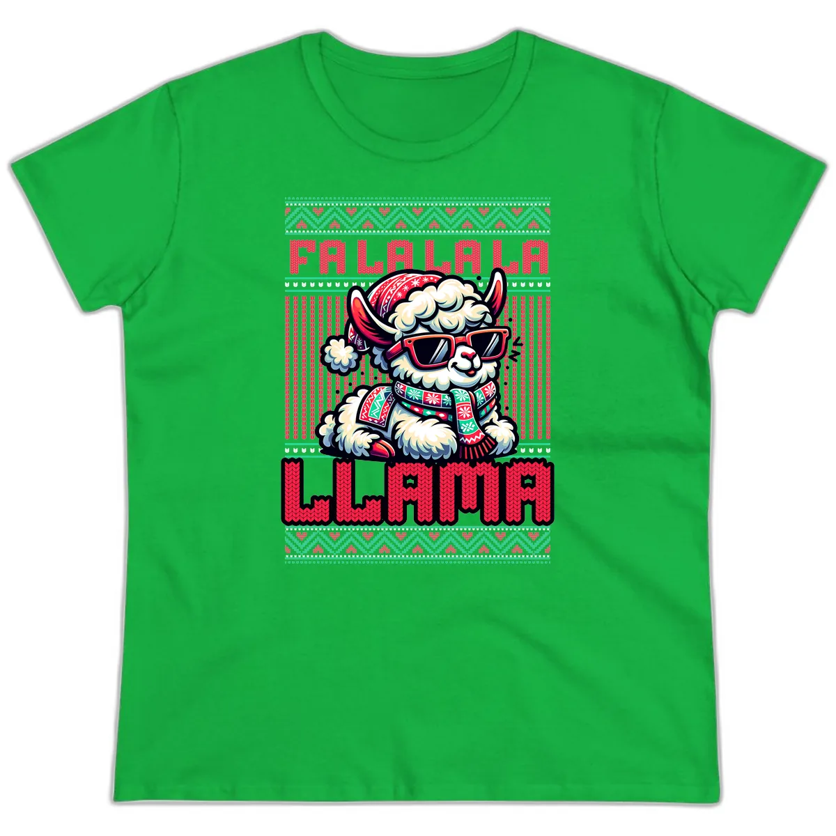 Falalala Llama Ugly Sweater Ladies Tee in Irish Green