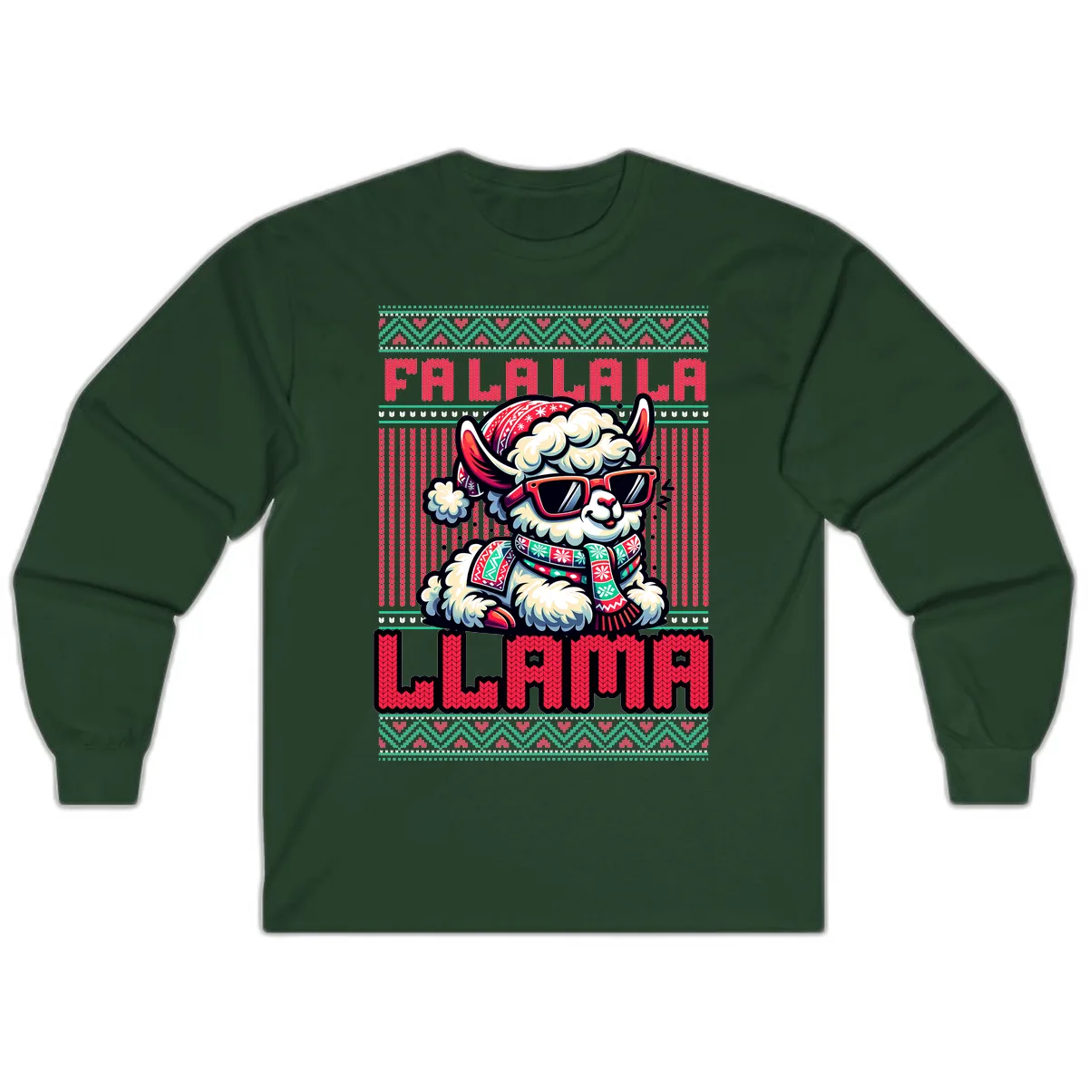 Falalala Llama Ugly Sweater Long Sleeve in Forest Green