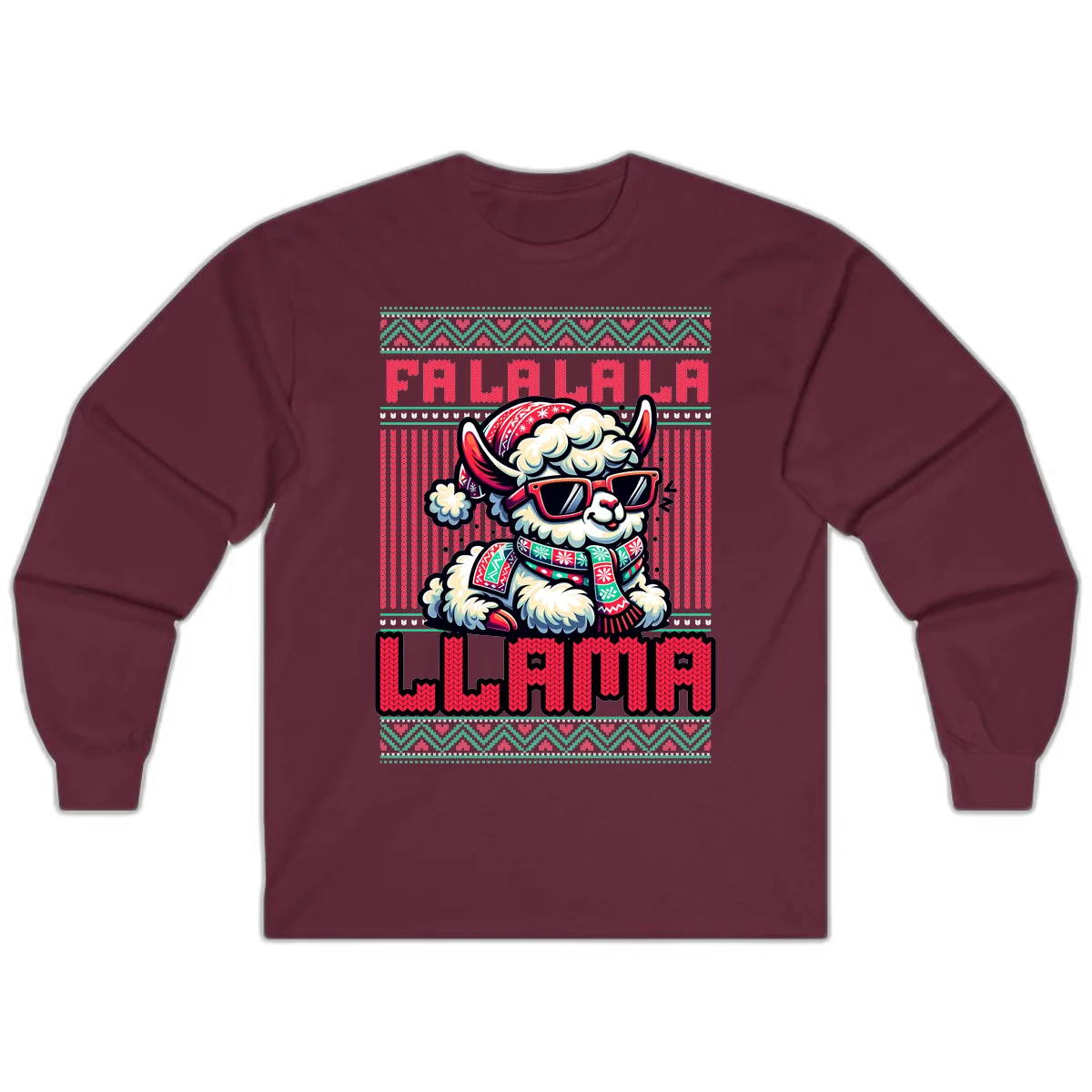 Falalala Llama Ugly Sweater Long Sleeve in Maroon