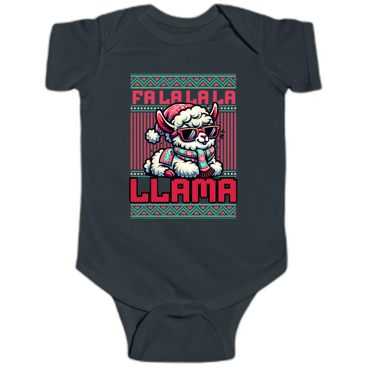 Falalala Llama Ugly Sweater Baby Onesie in Black