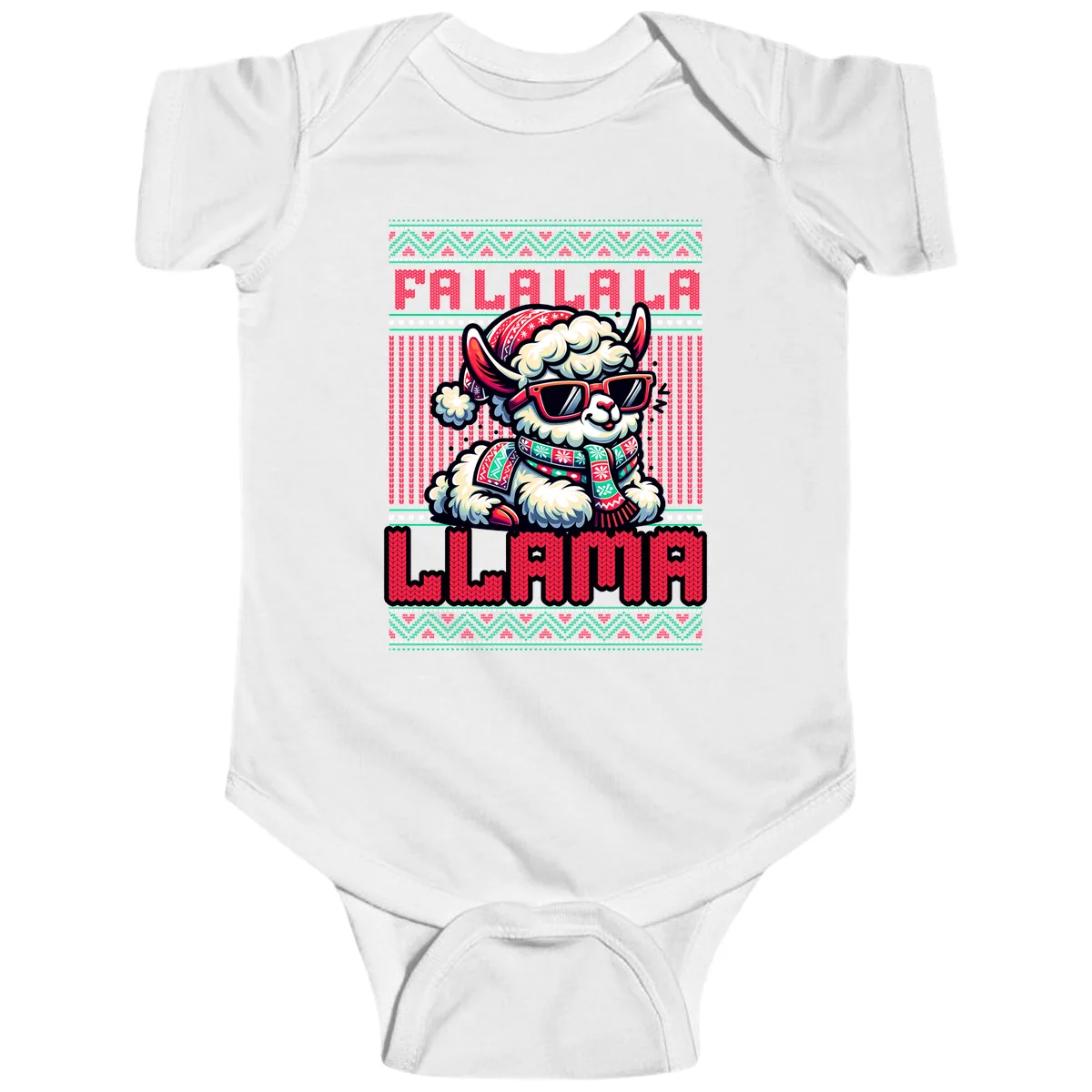 Falalala Llama Ugly Sweater Baby Onesie in White