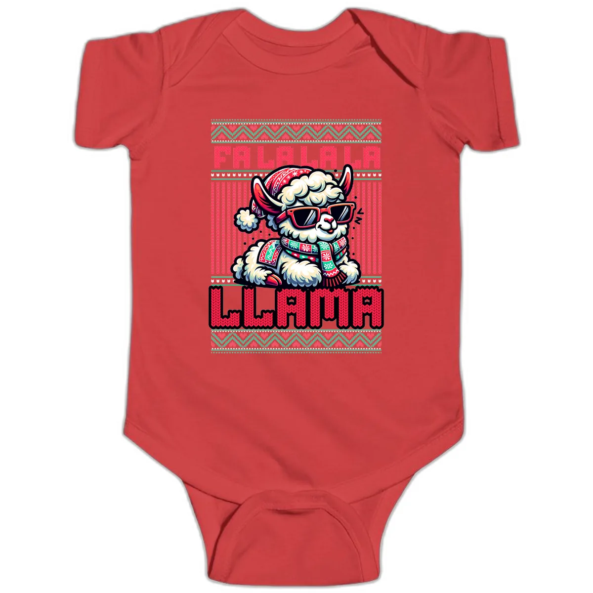 Falalala Llama Ugly Sweater Baby Onesie in Red