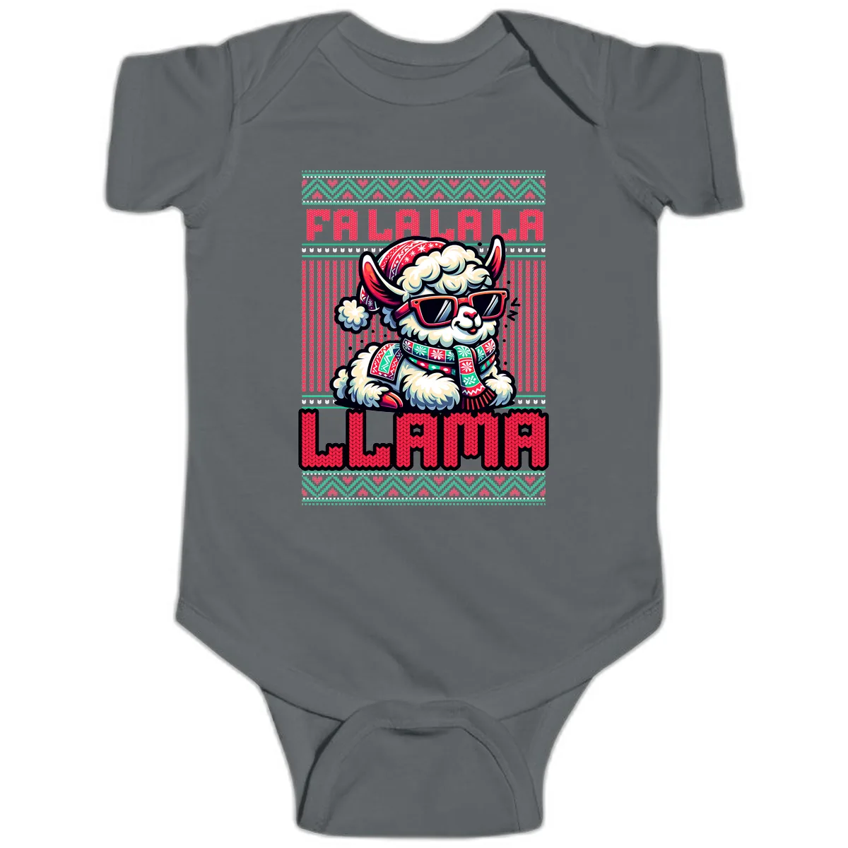 Falalala Llama Ugly Sweater Baby Onesie in Charcoal