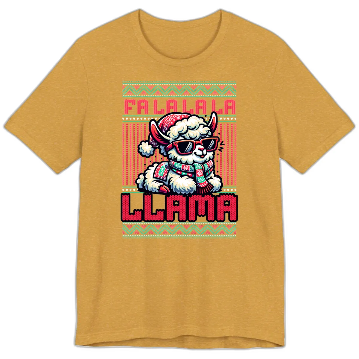 Falalala Llama Ugly Sweater Premium T-Shirt in Heather Mustard