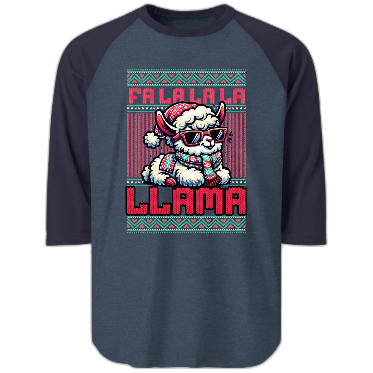 Falalala Llama Ugly Sweater Raglan 3/4 in Heather Denim Navy