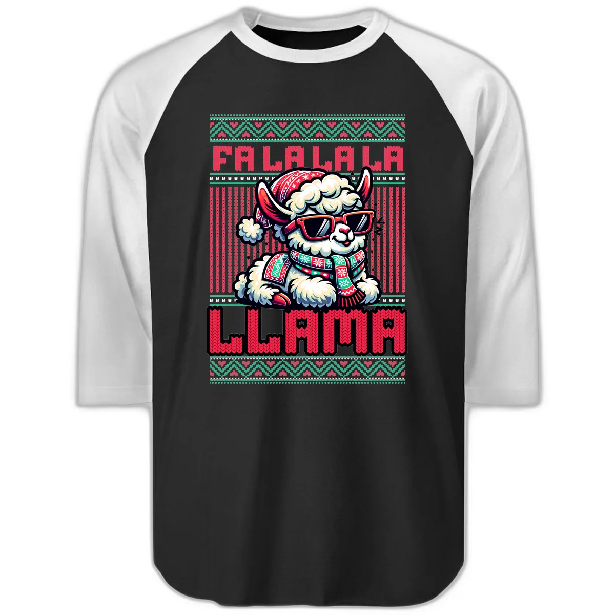 Falalala Llama Ugly Sweater Raglan 3/4 in Black White