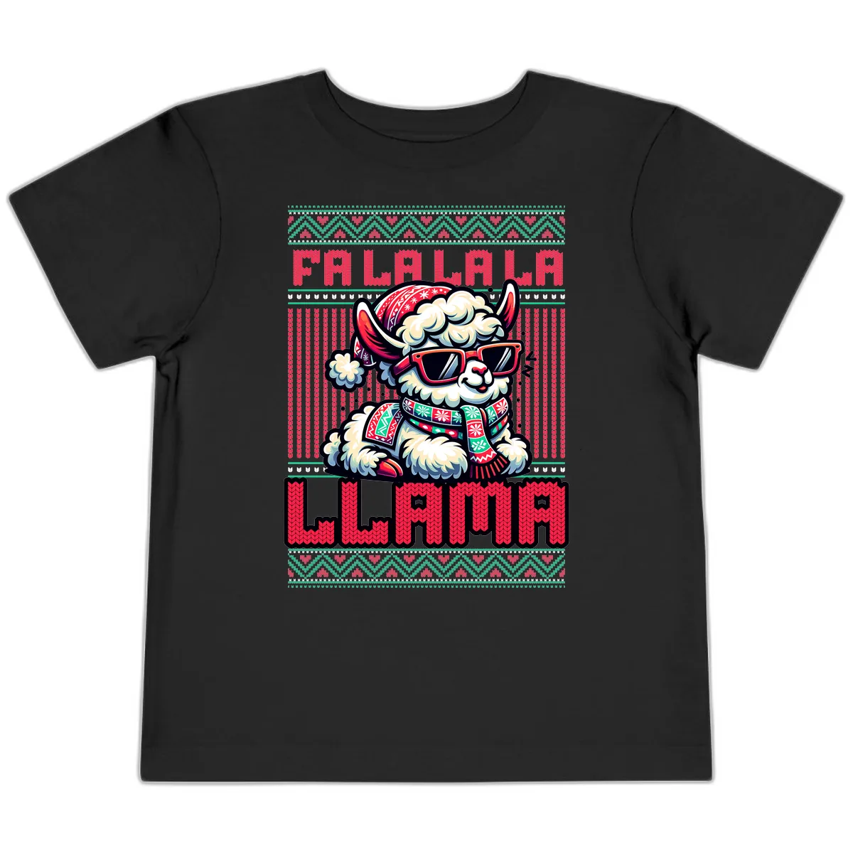 Falalala Llama Ugly Sweater Toddler T-Shirt in Black