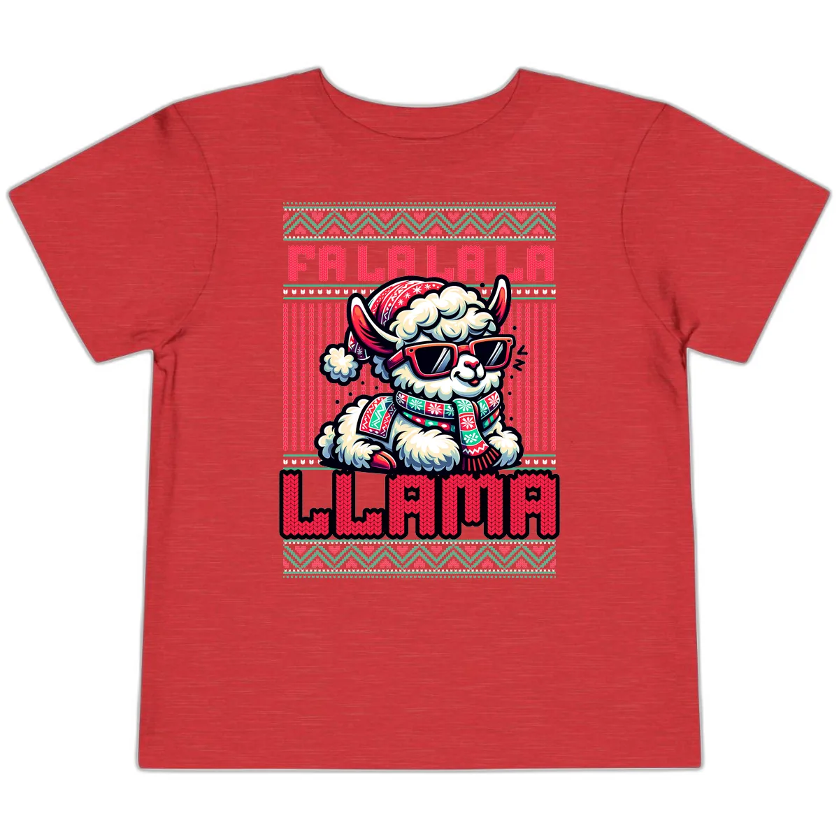 Falalala Llama Ugly Sweater Toddler T-Shirt in Heather Red