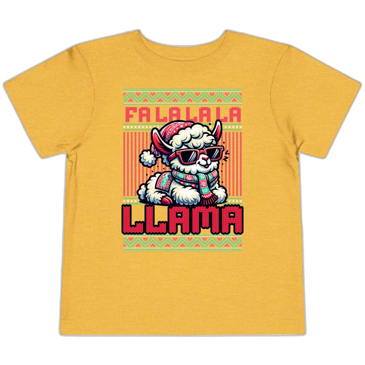 Falalala Llama Ugly Sweater Toddler T-Shirt in Heather Yellow Gold