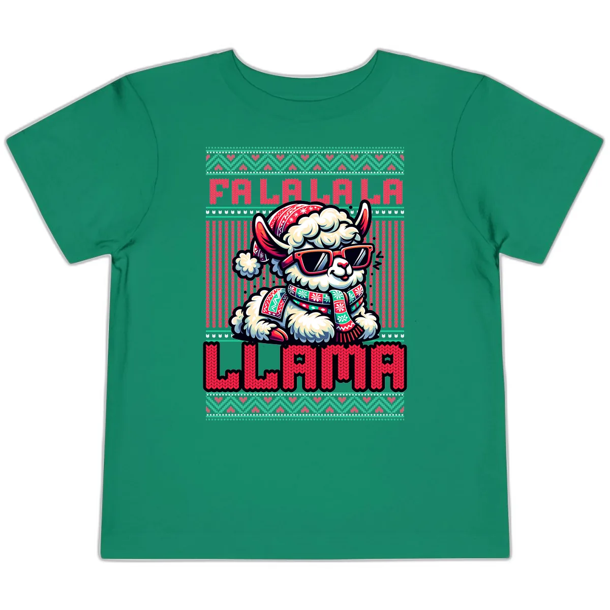 Falalala Llama Ugly Sweater Toddler T-Shirt in Kelly