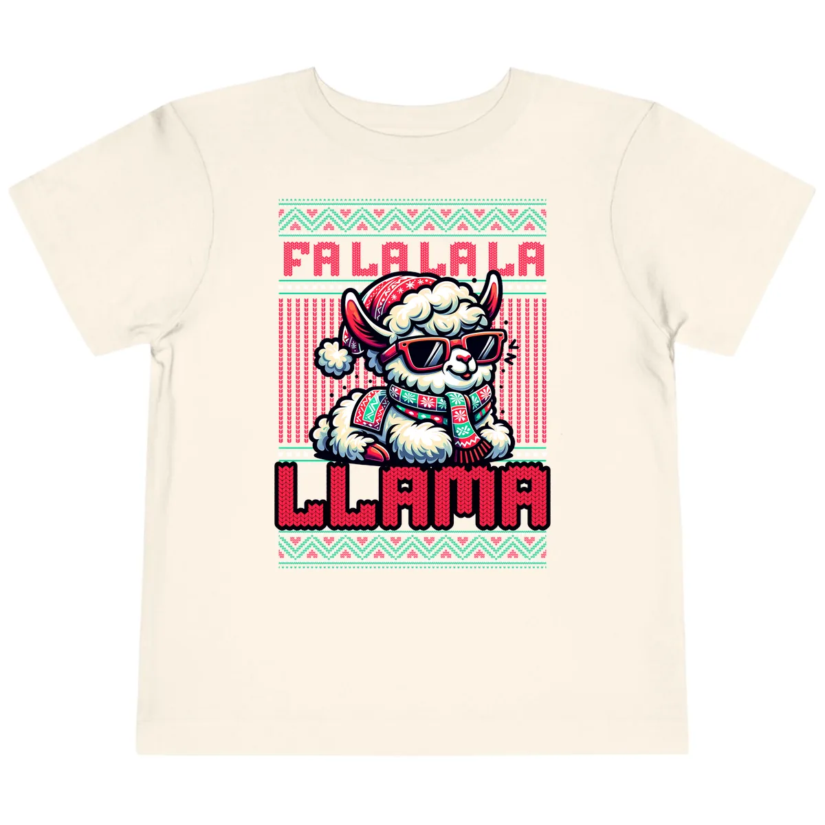 Falalala Llama Ugly Sweater Toddler T-Shirt in Natural