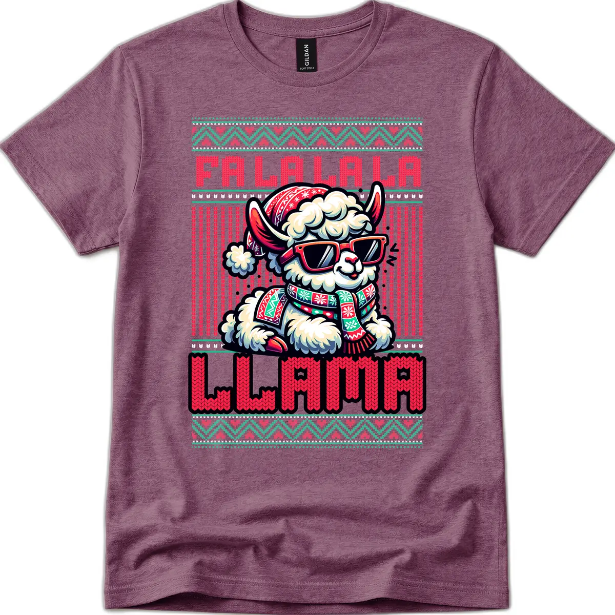 Falalala Llama Ugly Sweater T-Shirt in Heather Maroon