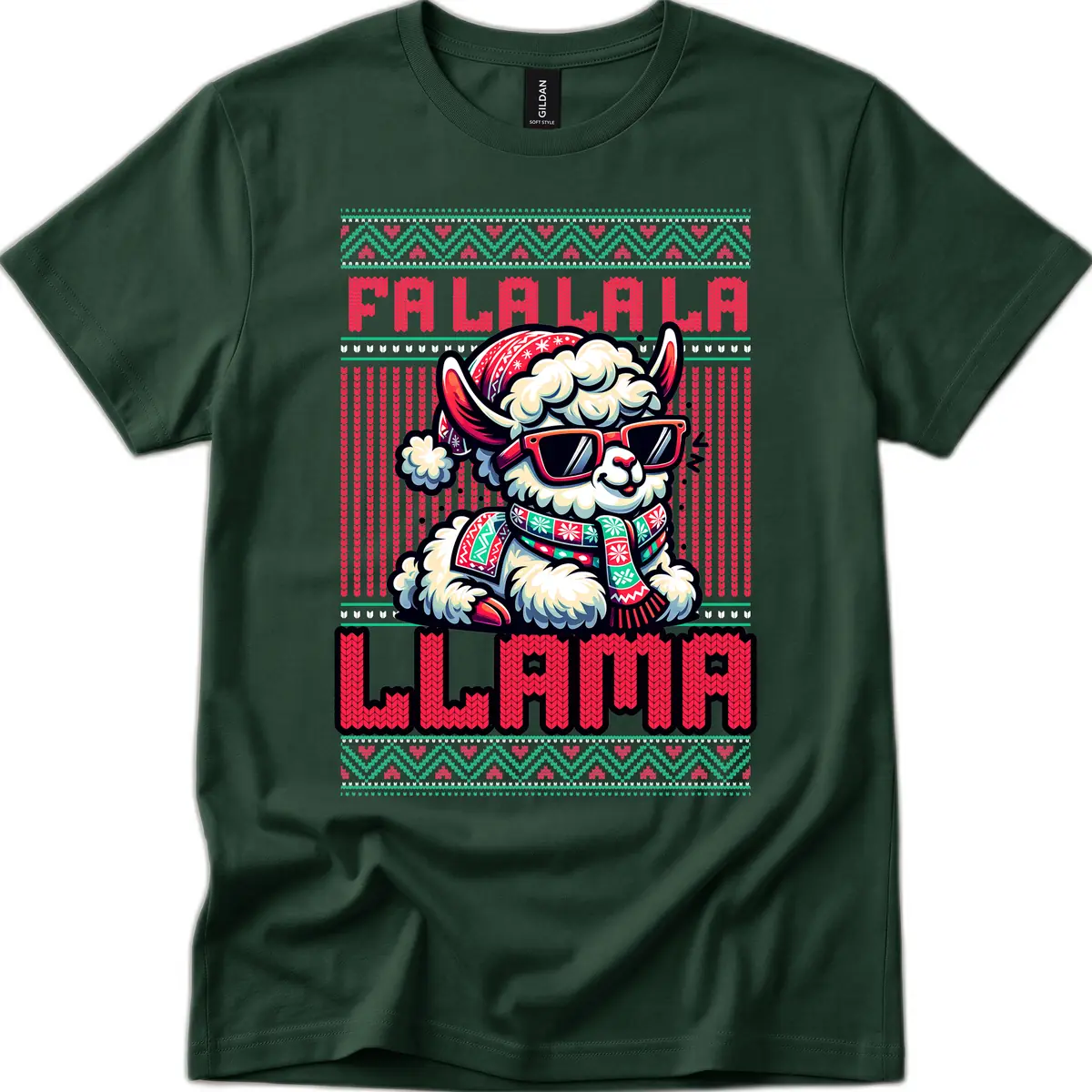 Falalala Llama Ugly Sweater T-Shirt in Forest Green