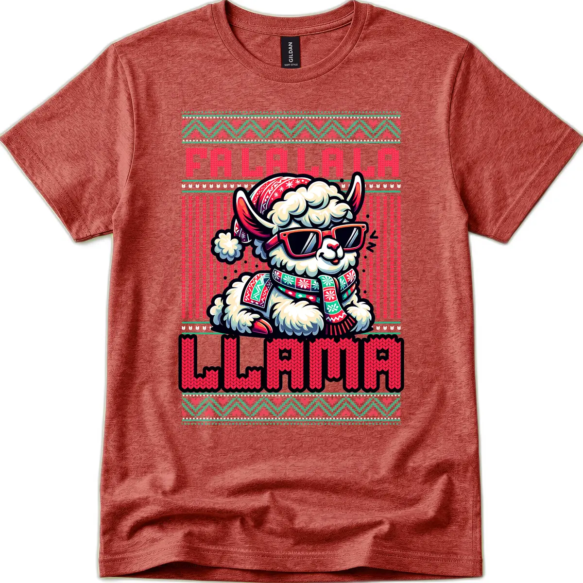 Falalala Llama Ugly Sweater T-Shirt in Heather Cardinal