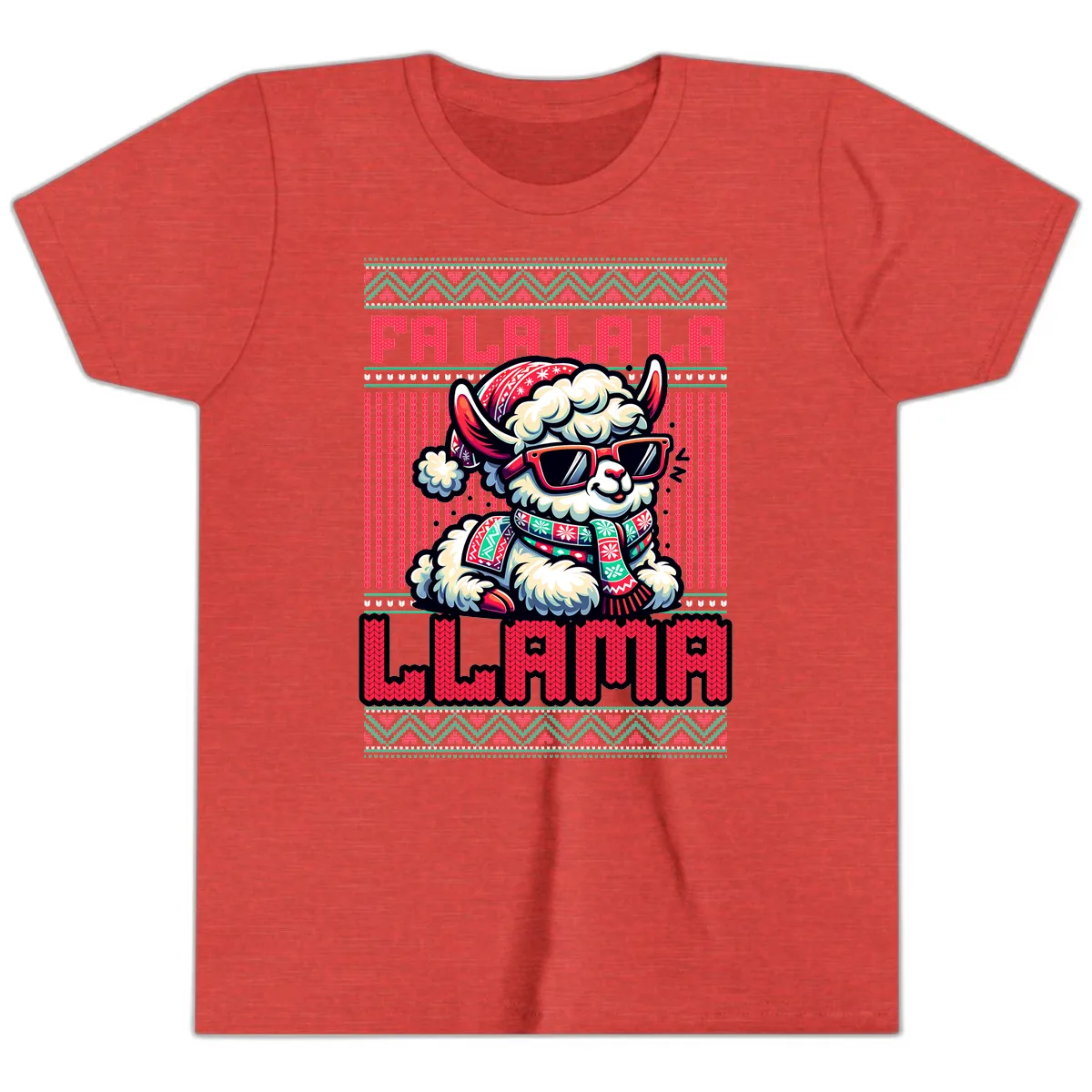Falalala Llama Ugly Sweater Youth T-Shirt in Heather Red