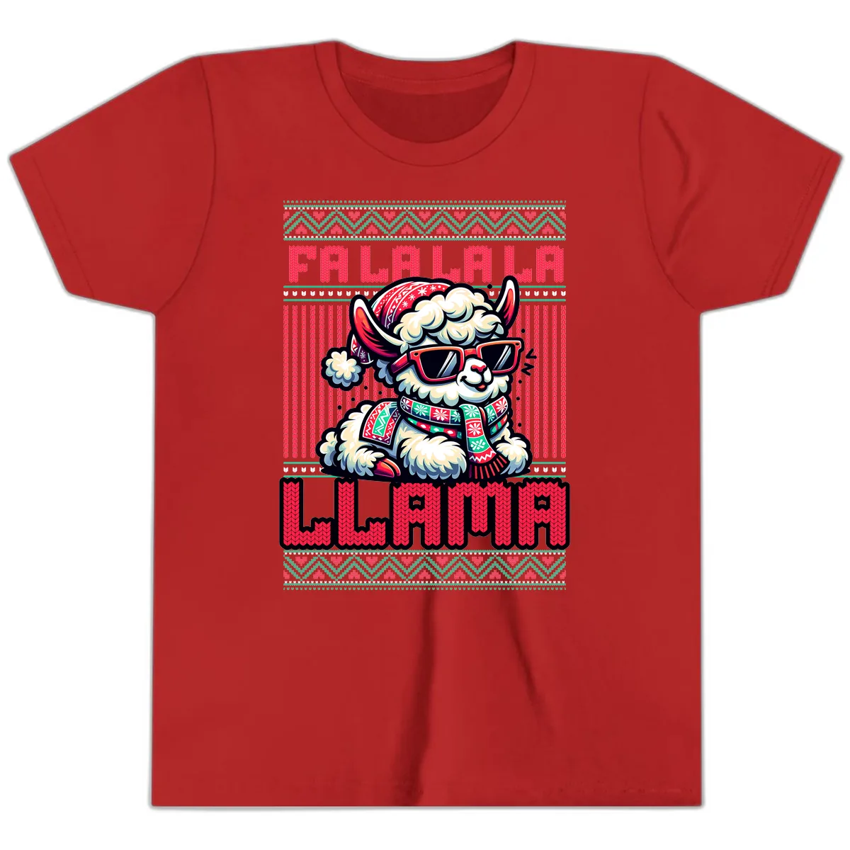 Falalala Llama Ugly Sweater Youth T-Shirt in Red