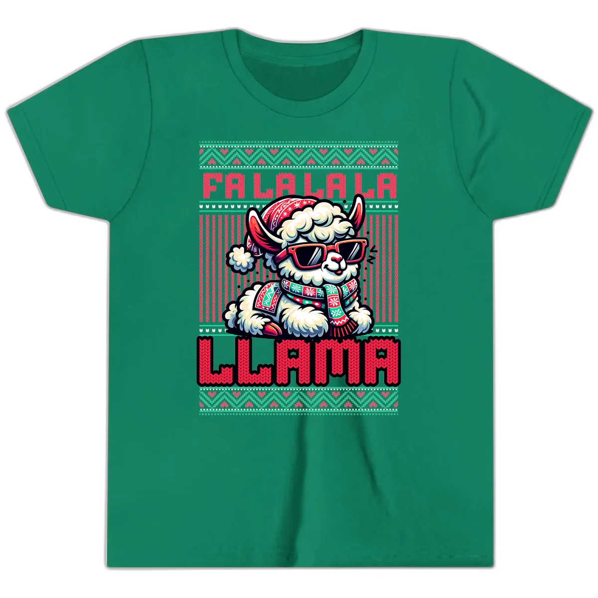 Falalala Llama Ugly Sweater Youth T-Shirt in Kelly