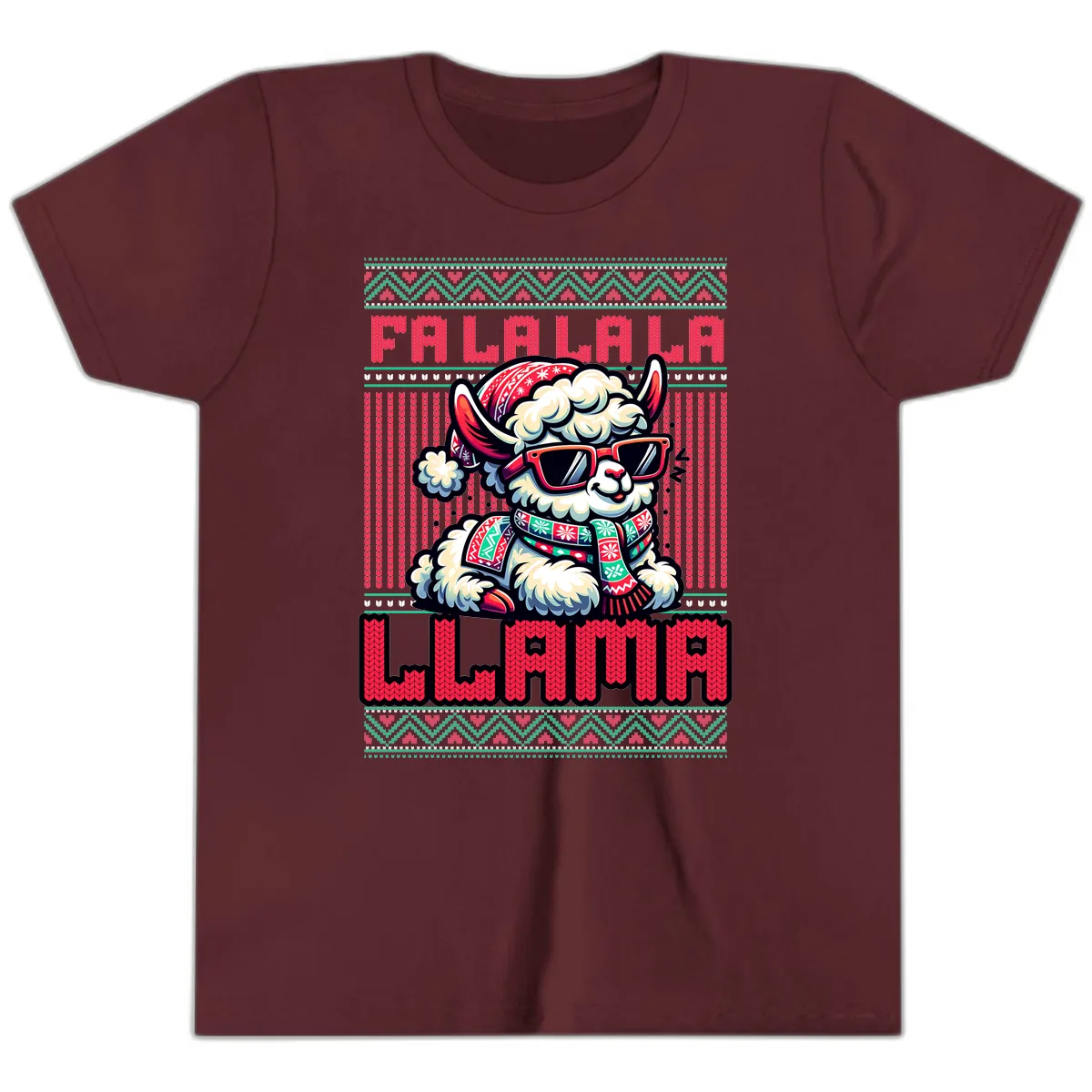 Falalala Llama Ugly Sweater Youth T-Shirt in Maroon