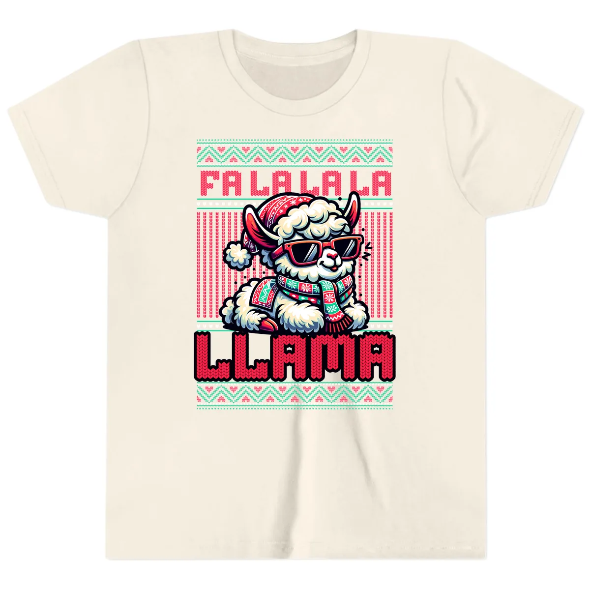 Falalala Llama Ugly Sweater Youth T-Shirt in Natural