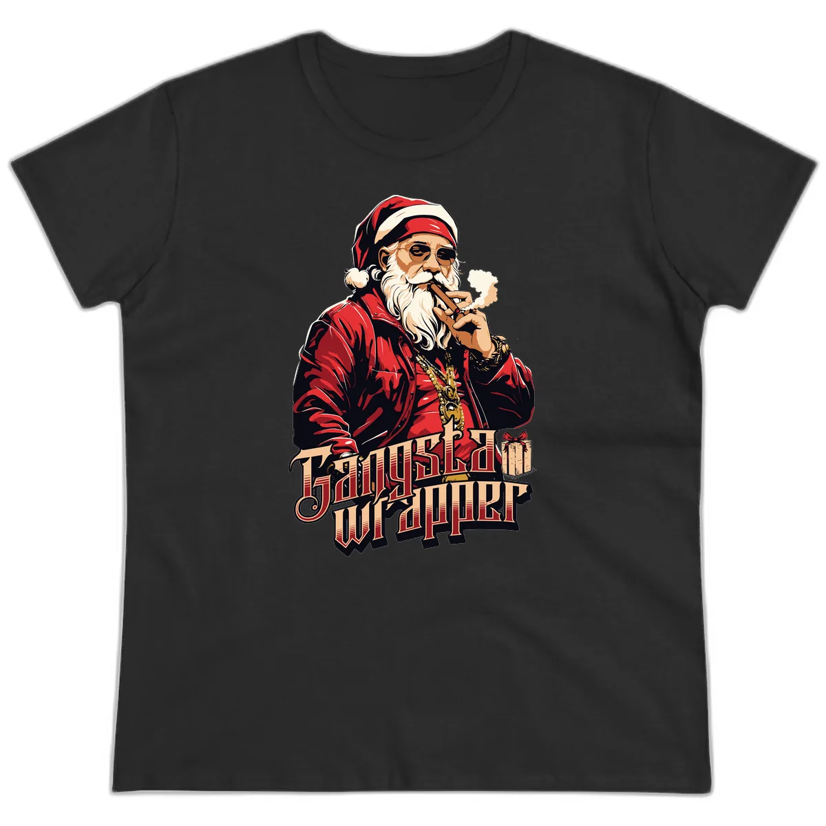 Gangsta Wrapper Christmas Design Ladies Tee in Black
