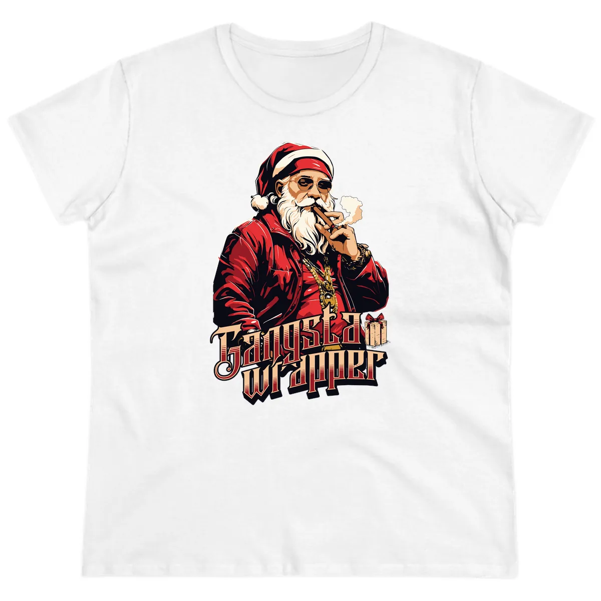 Gangsta Wrapper Christmas Design Ladies Tee in White