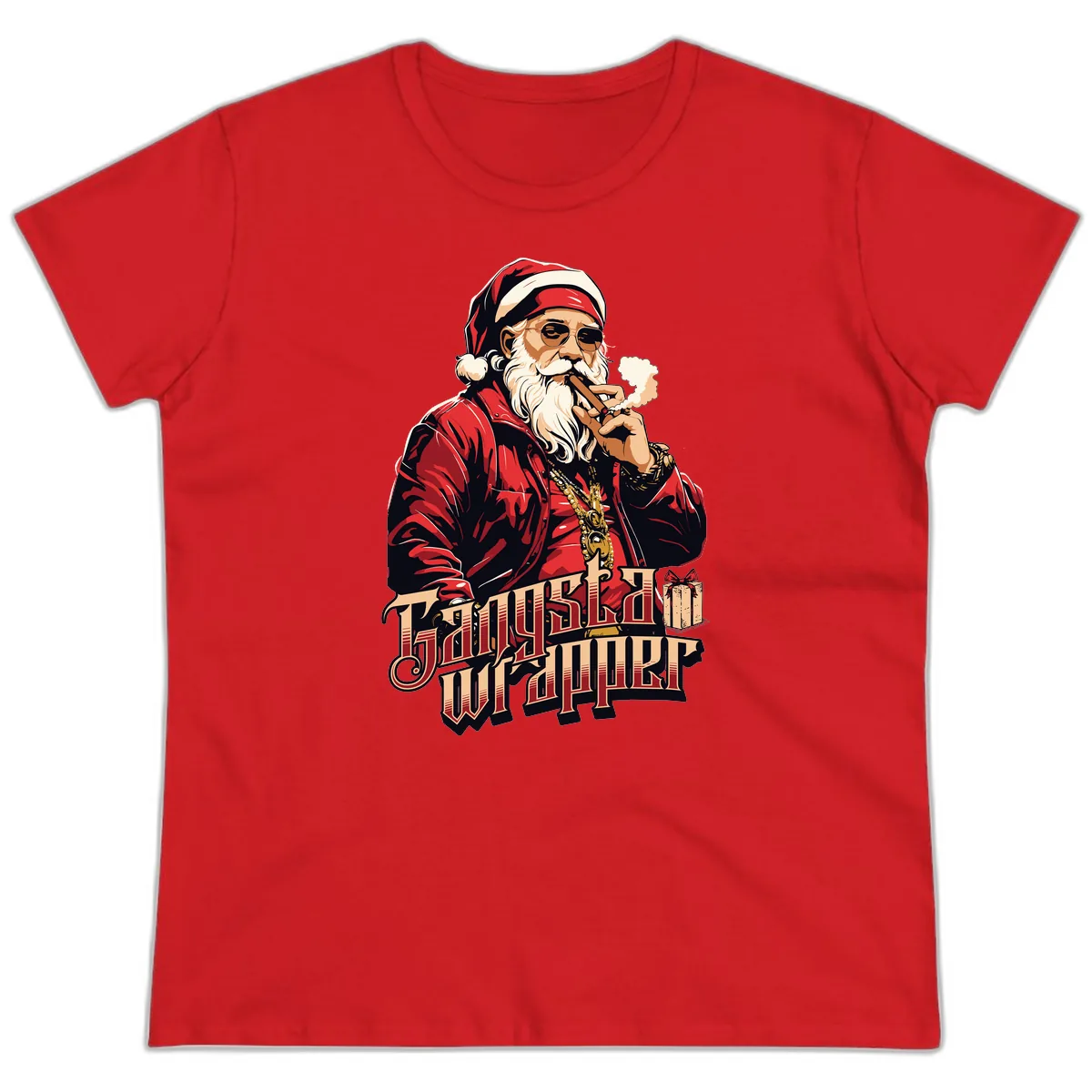 Gangsta Wrapper Christmas Design Ladies Tee in Red