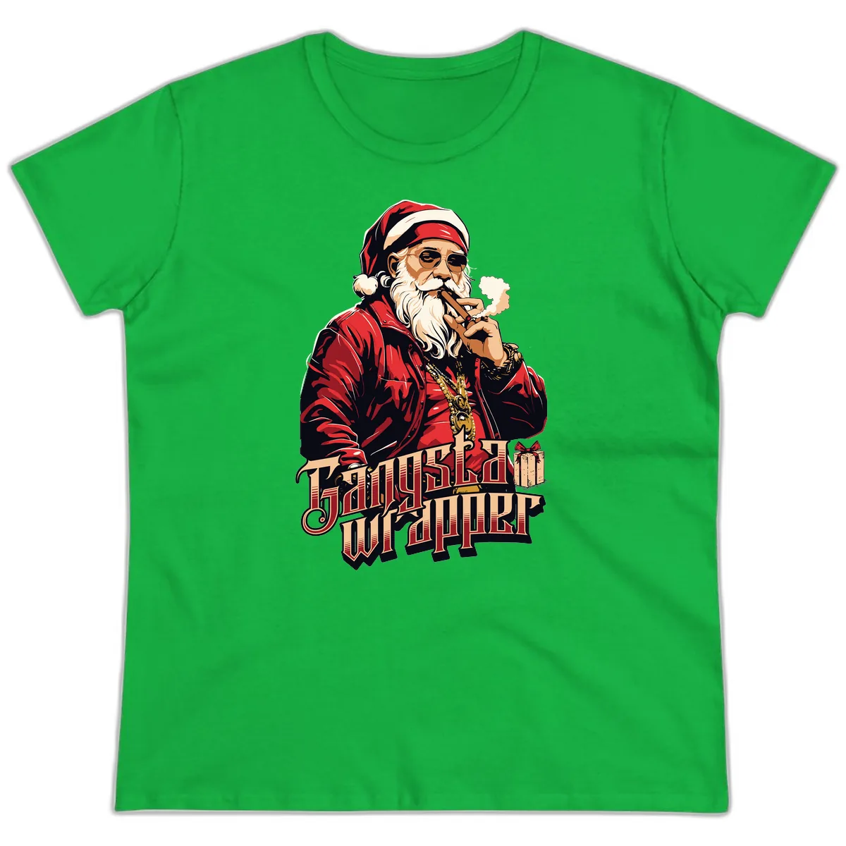 Gangsta Wrapper Christmas Design Ladies Tee in Irish Green