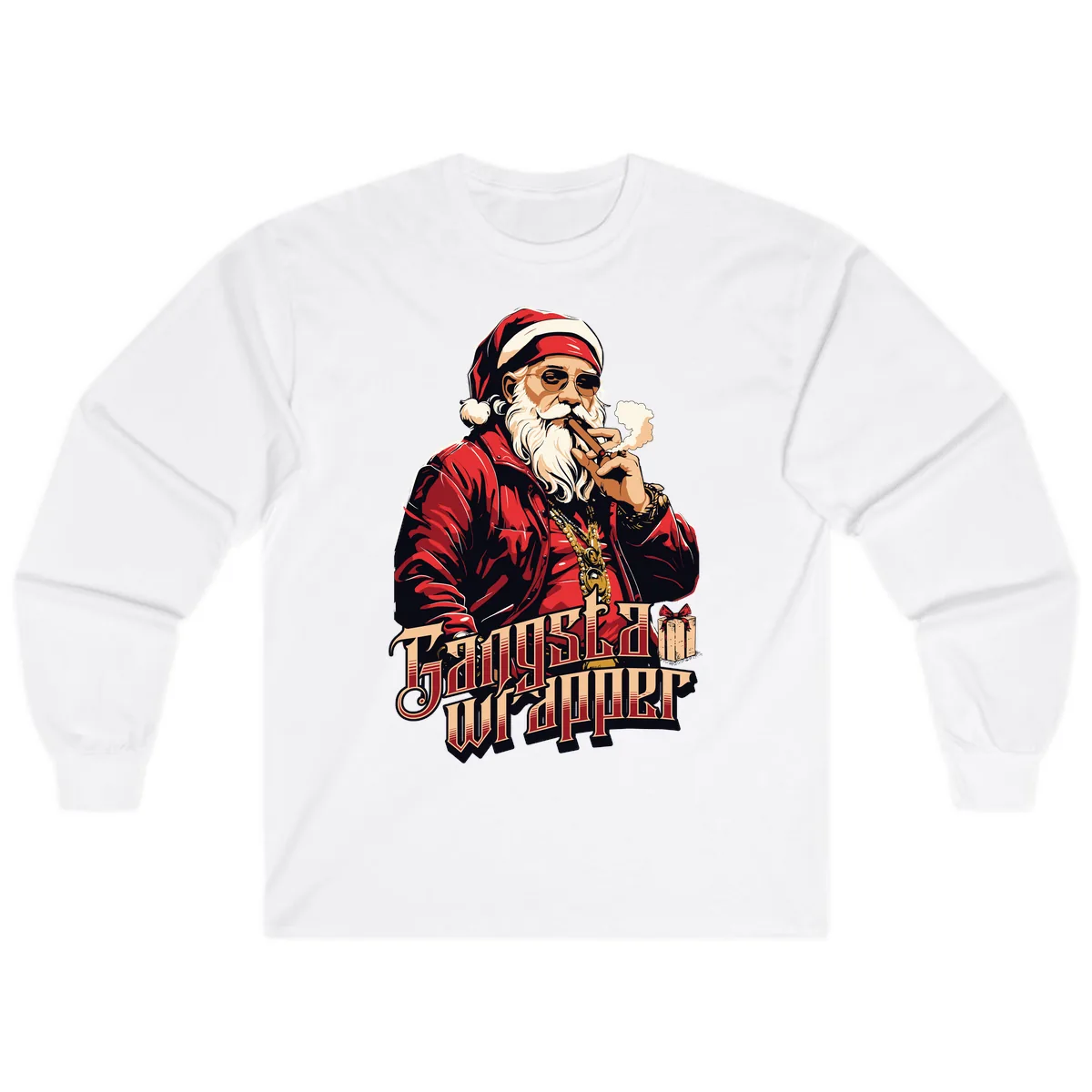 Gangsta Wrapper Christmas Design Long Sleeve in White