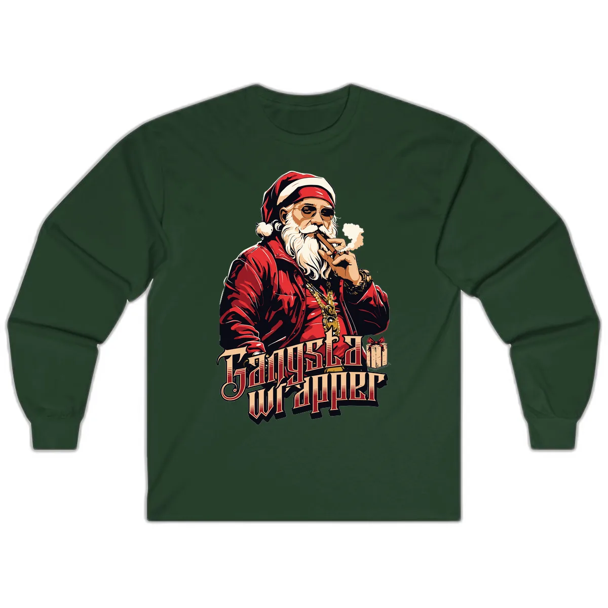 Gangsta Wrapper Christmas Design Long Sleeve in Forest Green