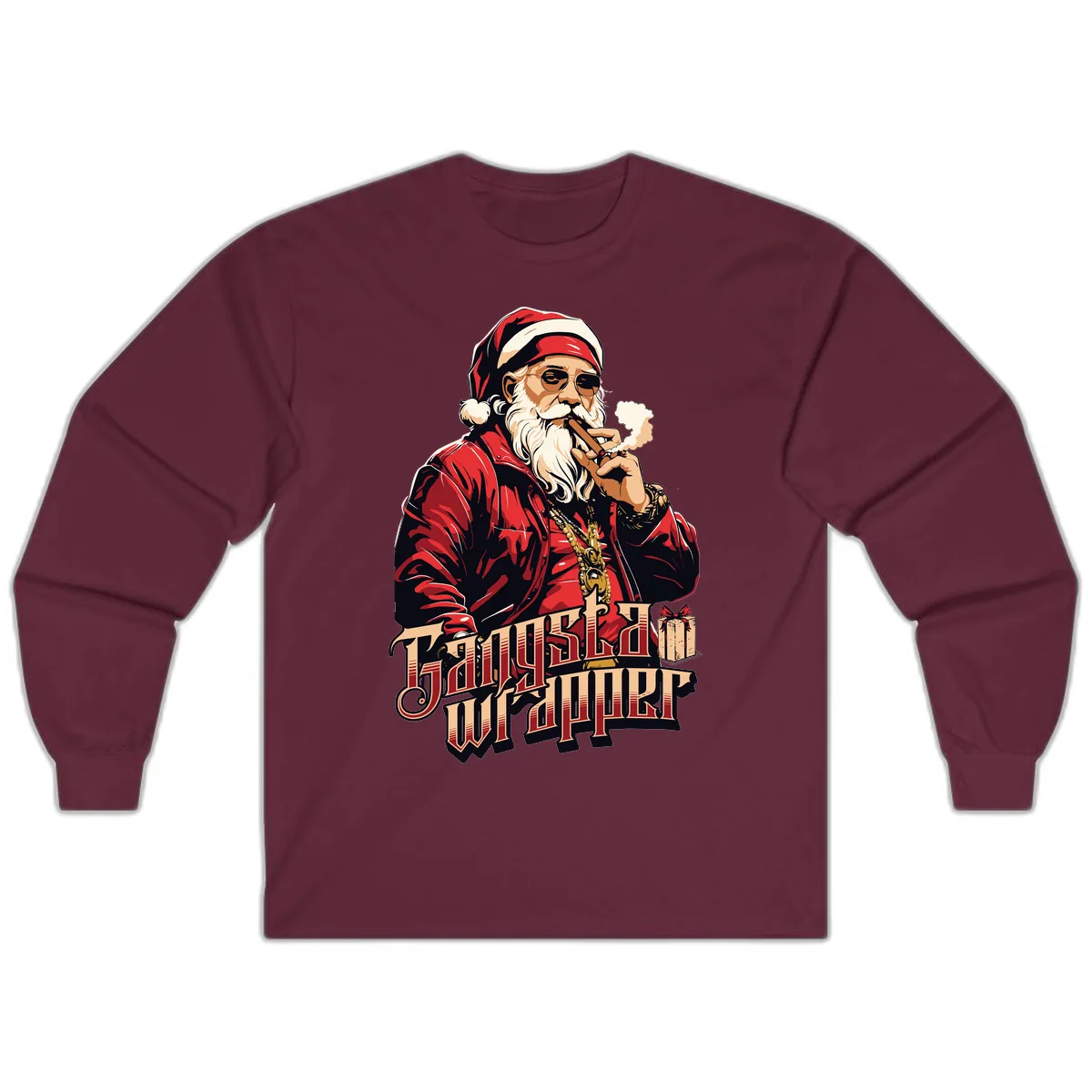 Gangsta Wrapper Christmas Design Long Sleeve in Maroon