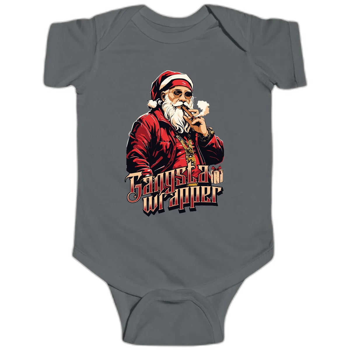 Gangsta Wrapper Christmas Design Baby Onesie in Charcoal