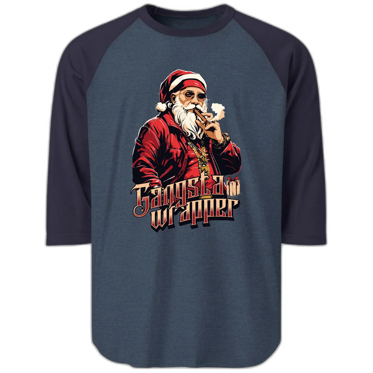 Gangsta Wrapper Christmas Design Raglan 3/4 in Heather Denim Navy