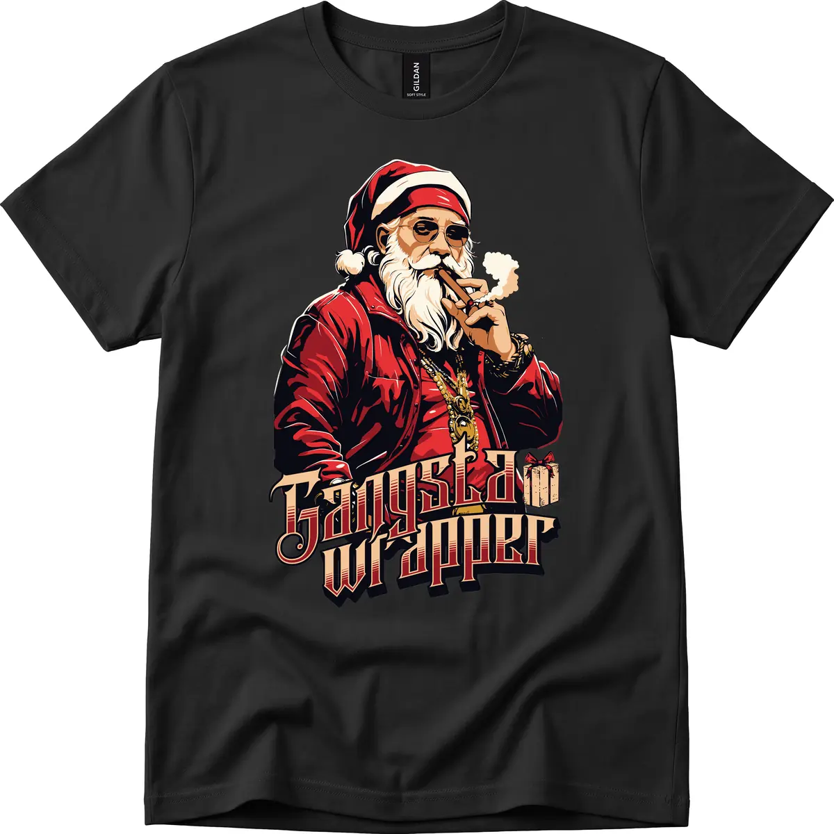 Gangsta Wrapper Christmas Design T-Shirt in Black