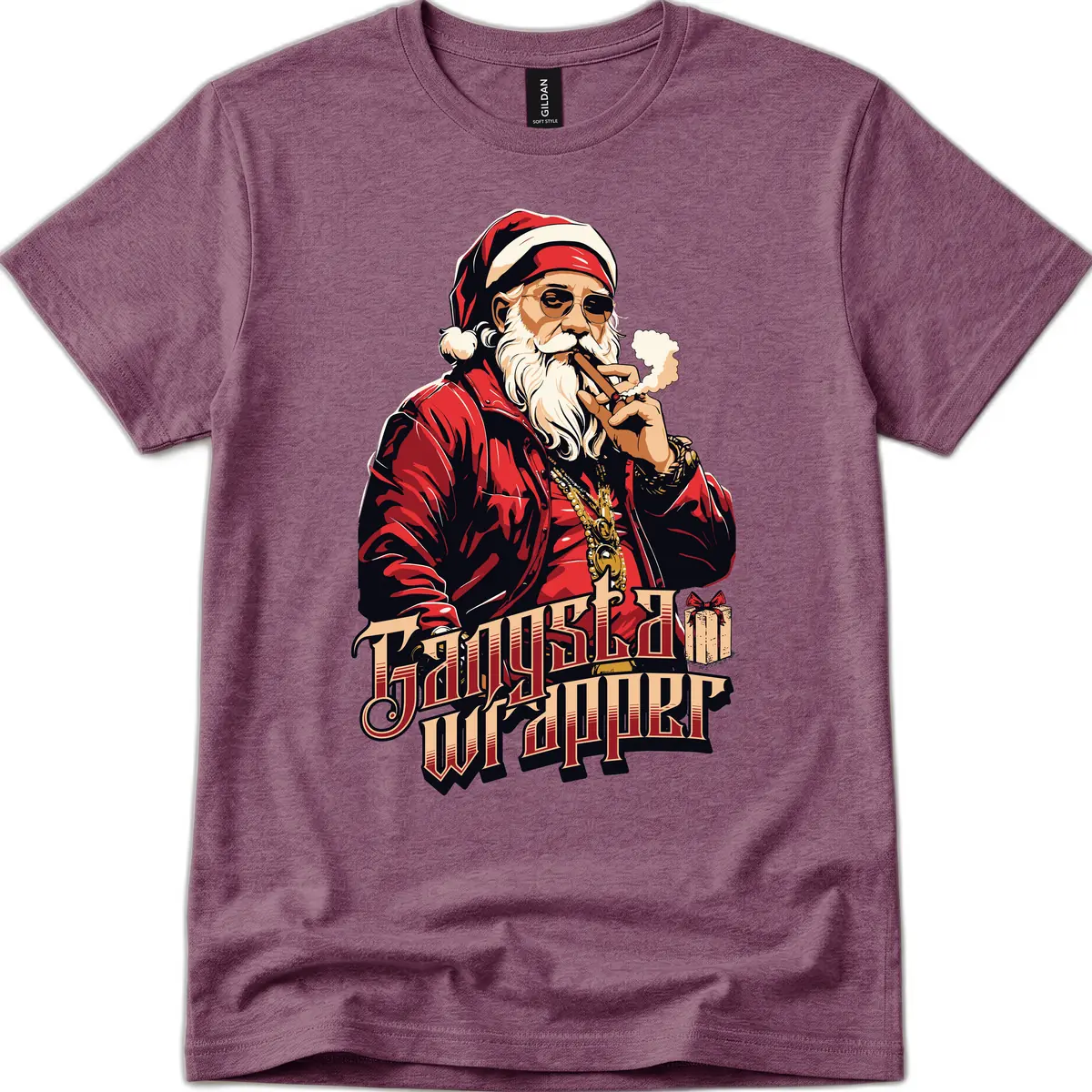 Gangsta Wrapper Christmas Design T-Shirt in Heather Maroon