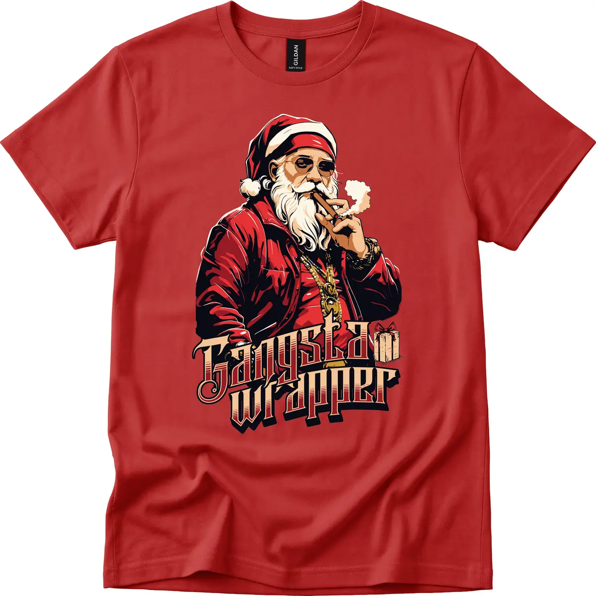 Gangsta Wrapper Christmas Design T-Shirt in Red